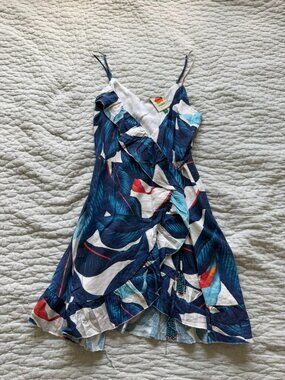 Farm Rio Blue Palm Linen Mini Wrap Dress - Size M